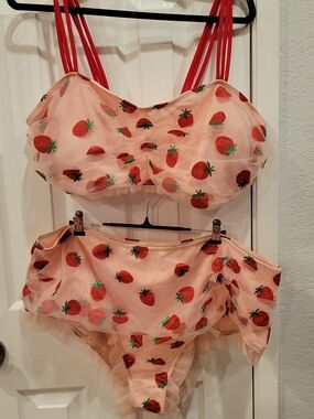 Strawberry Print  Bikini Set with Red Straps